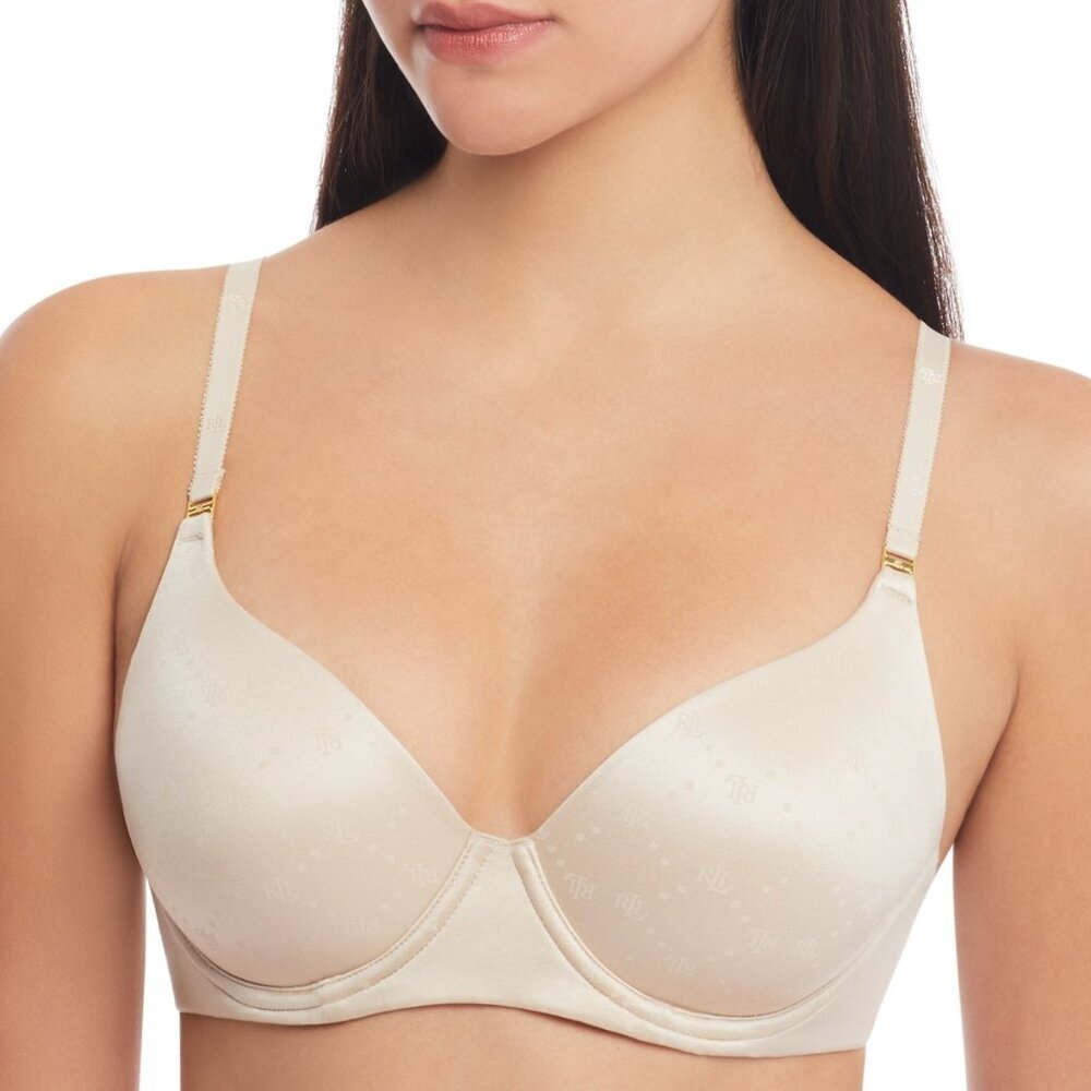 NWT Lauren Ralph Lauren Comfort Collection Repeat-Logo T-shirt Bra, Light Truffl